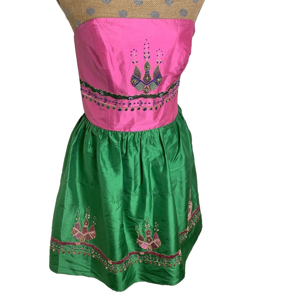 VtG Betsey Johnson Silk Strapless Dress Y2K Fairycore Pink Green Beaded Sz 8